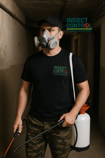 Дезинфектор на Инсект контрол обработва мазе протв вредители